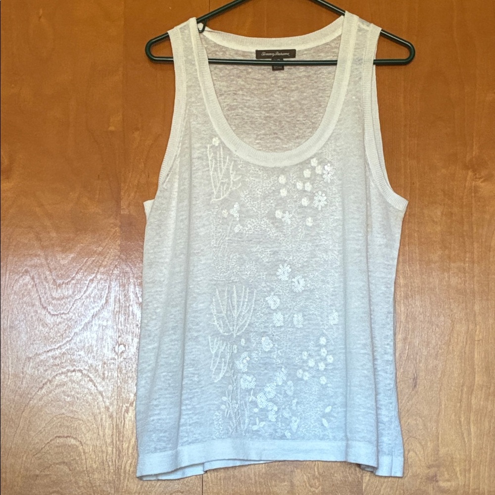 Tommy Bahama Sequin and Bead White Floral Tank Top